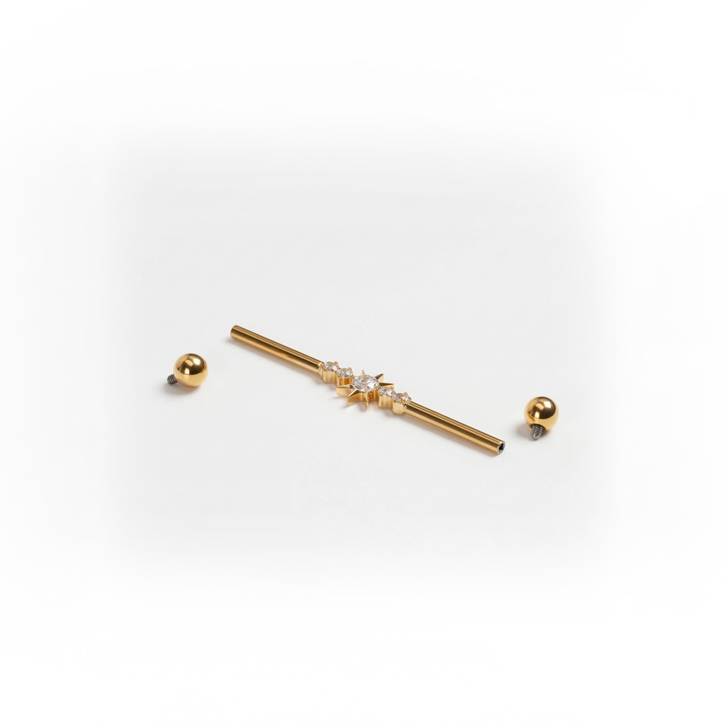 Industrial-titaanibarbelli, jossa tähti ja korukiviä keskellä