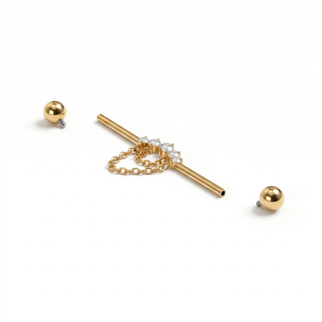 Industrial-titaanibarbelli korukivillä ja ketjuilla