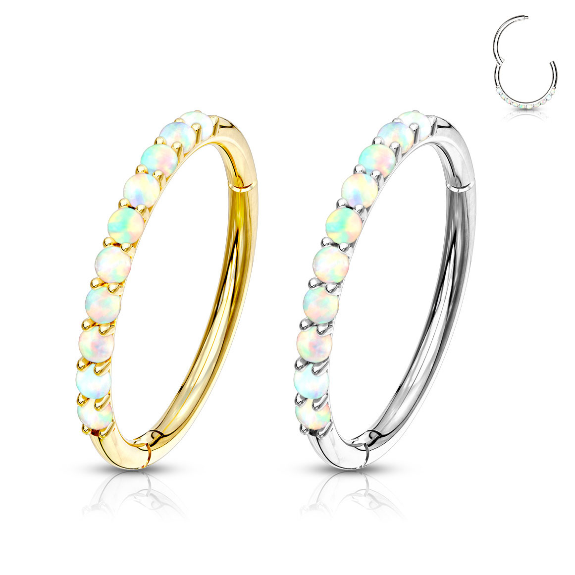 Lävistysrengas 14K kullasta saranalla ja opaalireunuksella