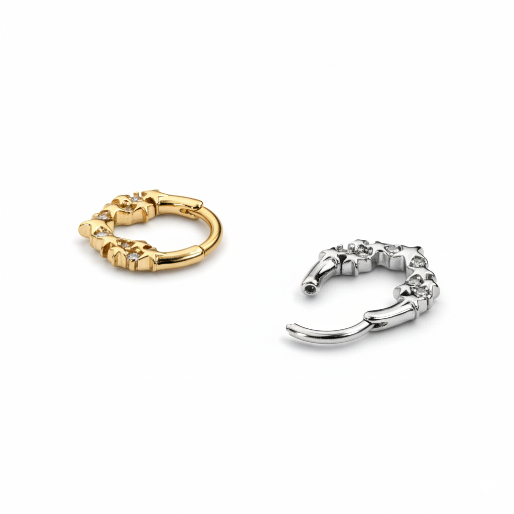 Eteenpäin suunnattu rengas tähdillä ja kivillä